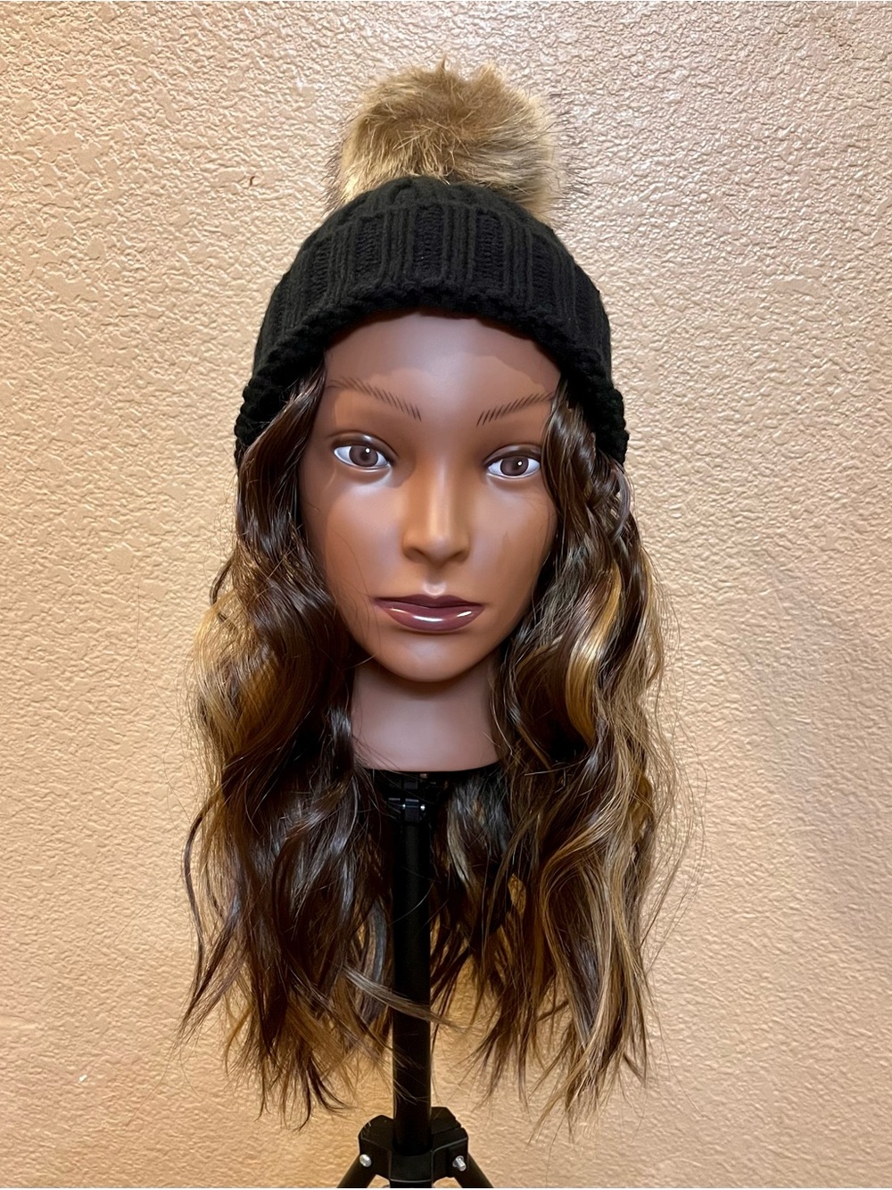 Dark Brown Highlighted Wavy Synthetic Beanie Wig | Detachable Faux Fur Pom Pom